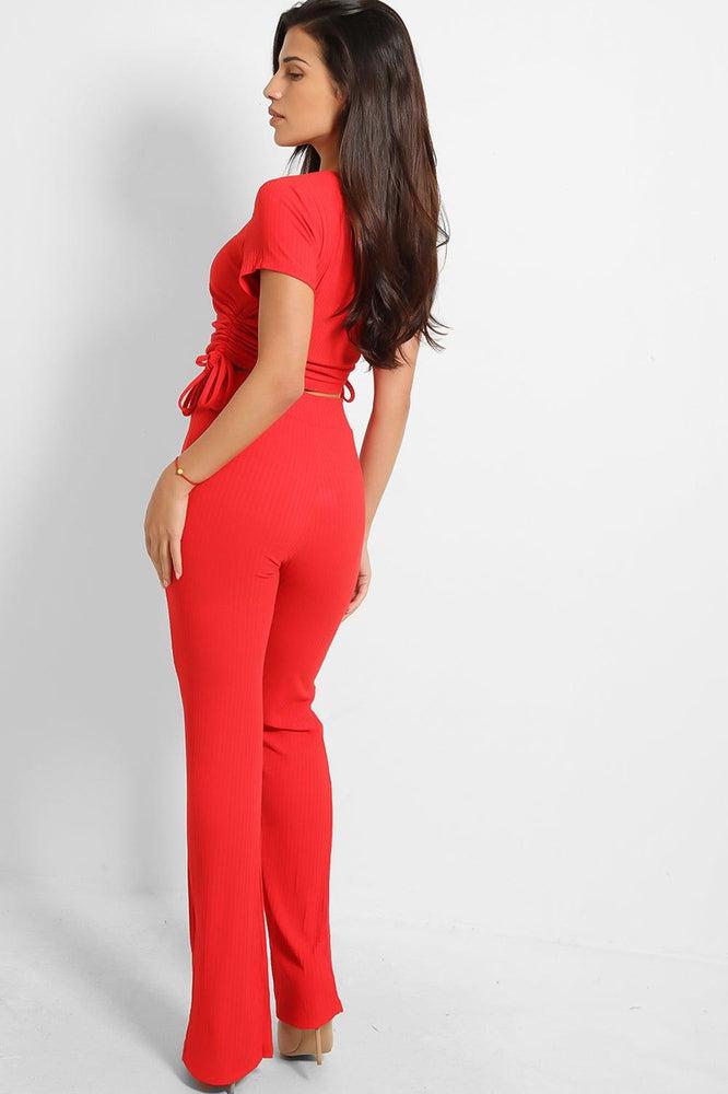 Drawstring Sides Short Sleeve Top And Trouser Ribbed Jersey Set-SinglePrice