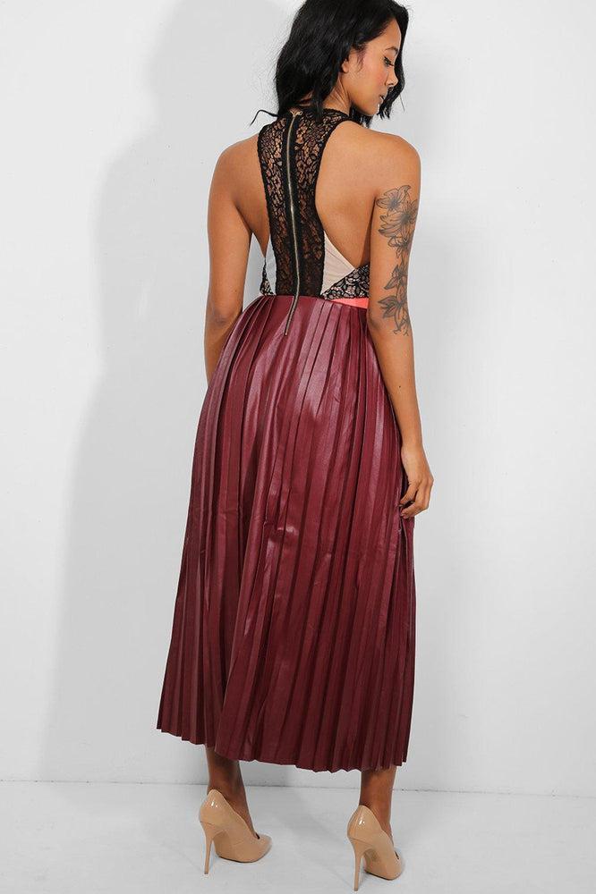 Wine Vegan Leather Pleated Skirt Maxi Dress-SinglePrice