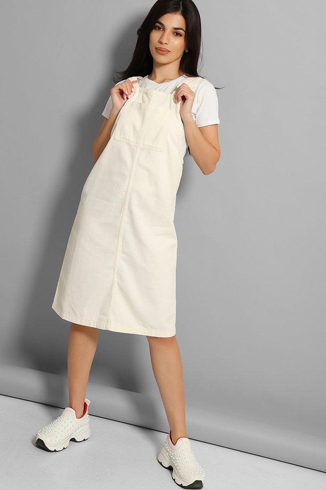 Cream Fine Denim Midi Pinafore Dress-SinglePrice