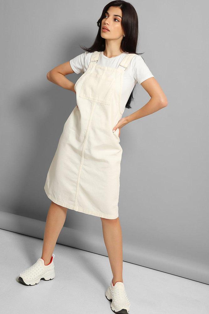 Cream Fine Denim Midi Pinafore Dress-SinglePrice