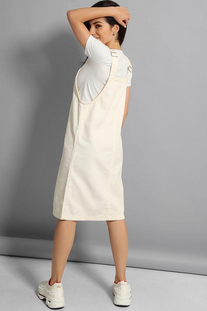 Cream Fine Denim Midi Pinafore Dress-SinglePrice