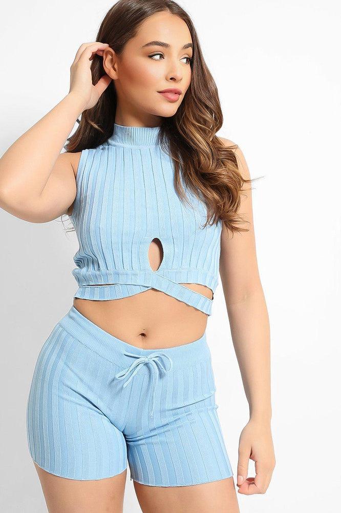 Blue Half Cross Wrap Knitted Crop Top And Shorts Lounge Set-SinglePrice