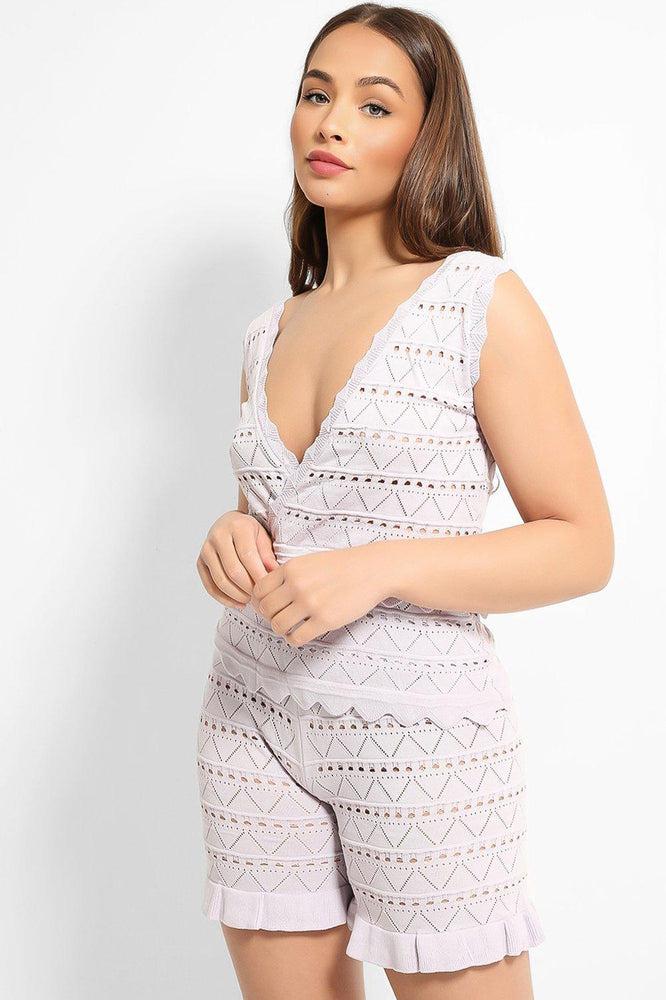Lilac Perforated Knit Sleeveless Top Shorts Set-SinglePrice