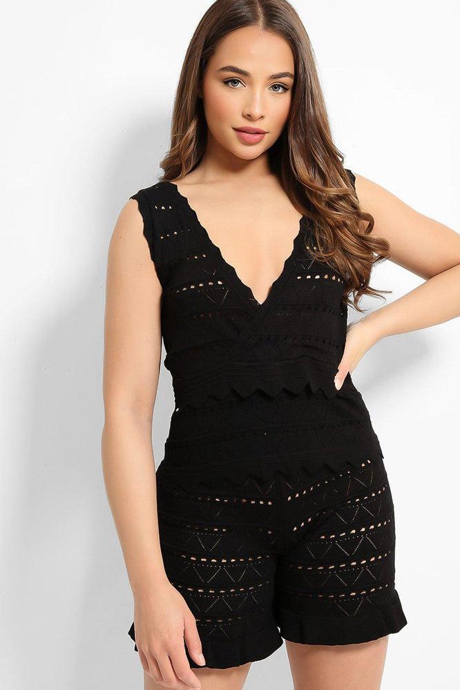 Black Perforated Knit Sleeveless Top Shorts Set-SinglePrice