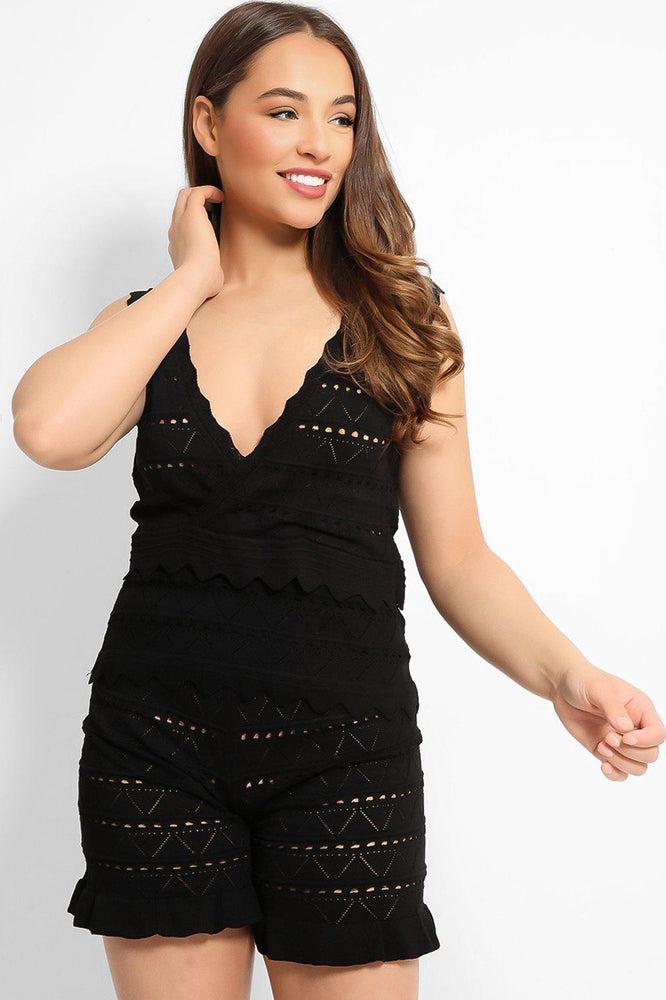 Black Perforated Knit Sleeveless Top Shorts Set-SinglePrice