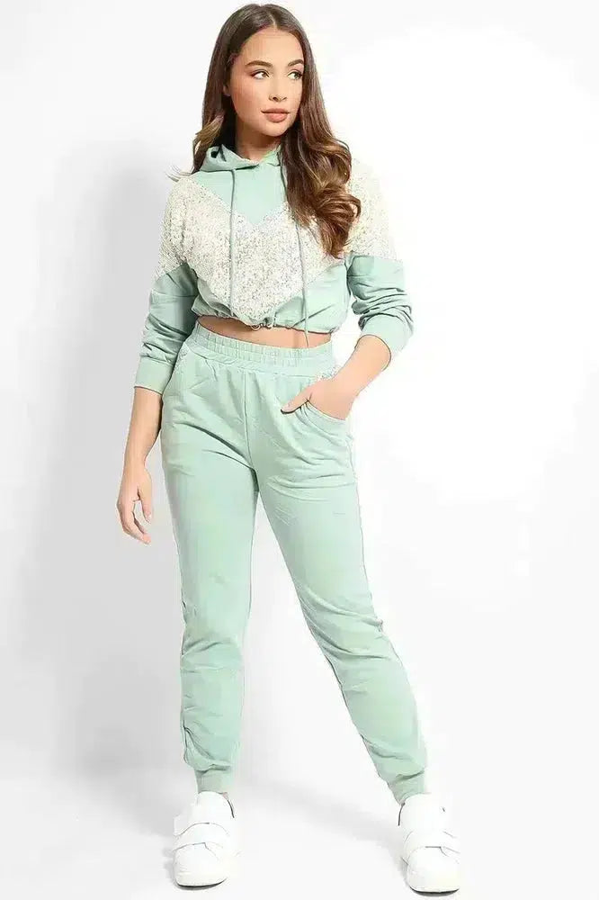 Mint Sequined Panel Crop Hoodie And Joggers Set-SinglePrice