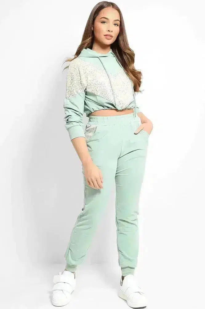 Mint Sequined Panel Crop Hoodie And Joggers Set-SinglePrice
