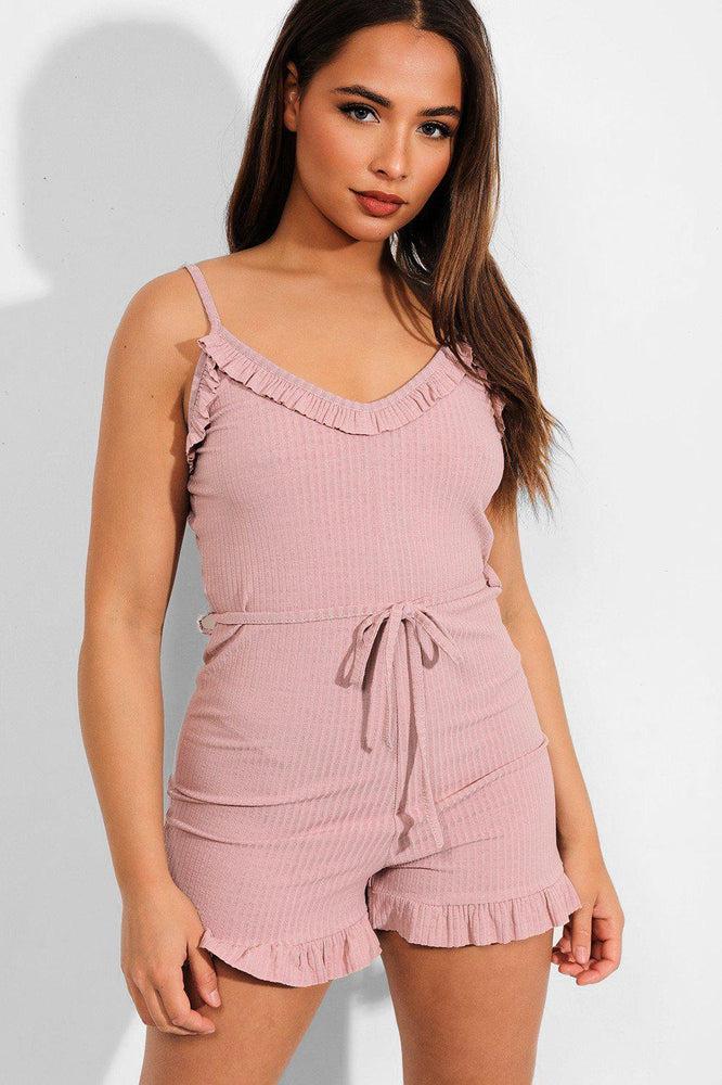 Pink Frill Trims Ribbed Cami Playsuit-SinglePrice