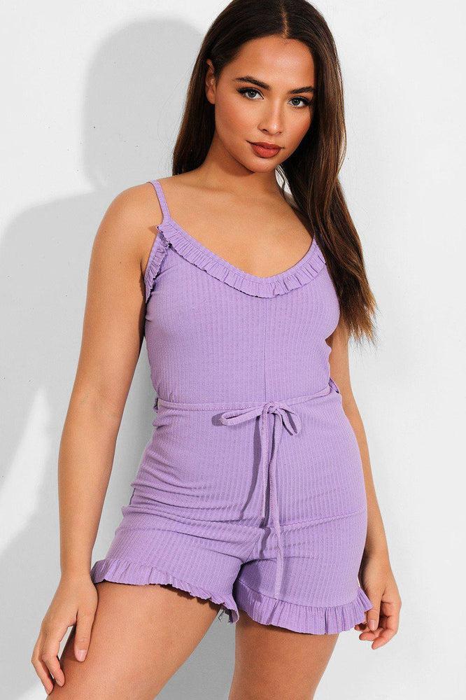 Lilac Frill Trims Ribbed Cami Playsuit-SinglePrice
