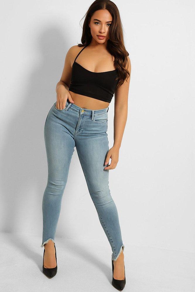 Light Blue Cut Out Fringed Hem Jeans-SinglePrice