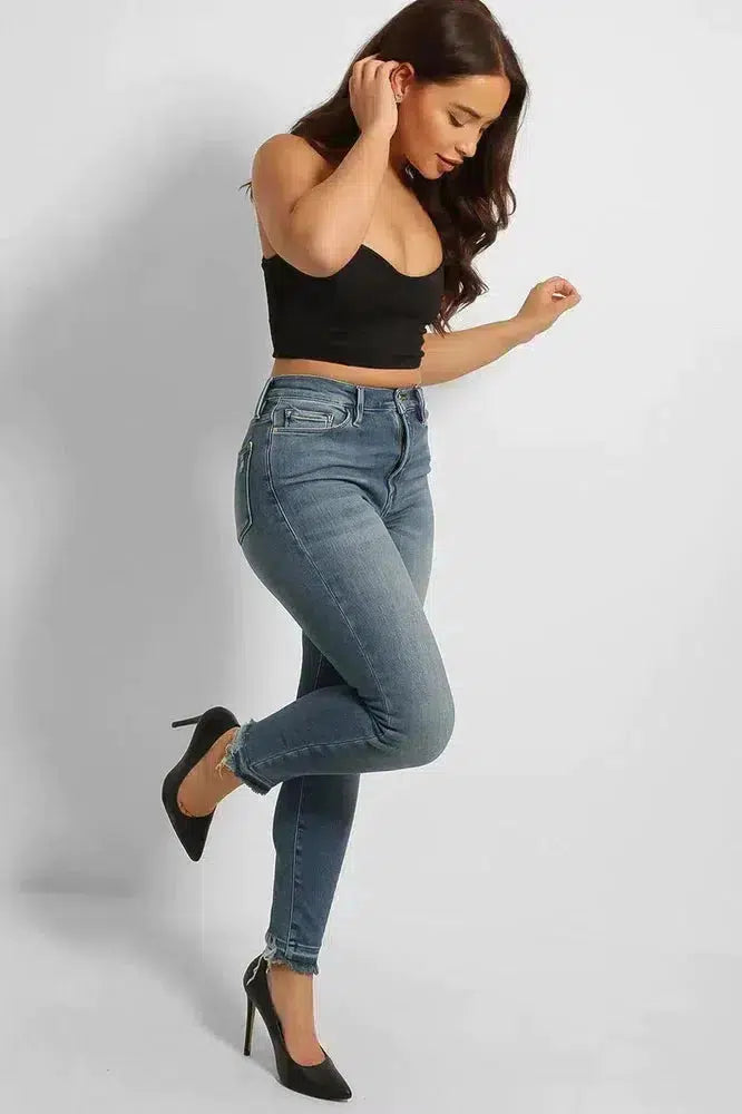 Blue Raw Hem Skinny Jeans-SinglePrice