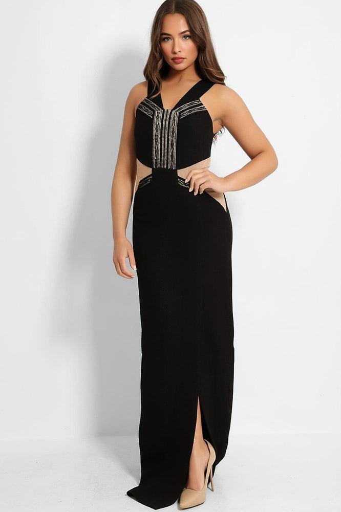 Black Nude Illusion Waist Maxi Dress-SinglePrice