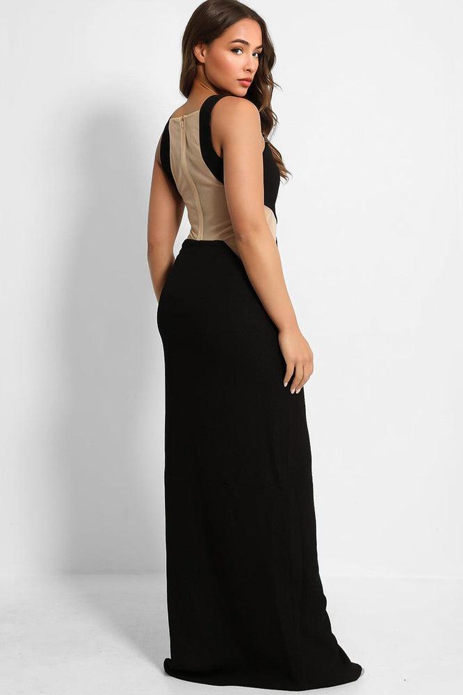 Black Nude Illusion Waist Maxi Dress-SinglePrice