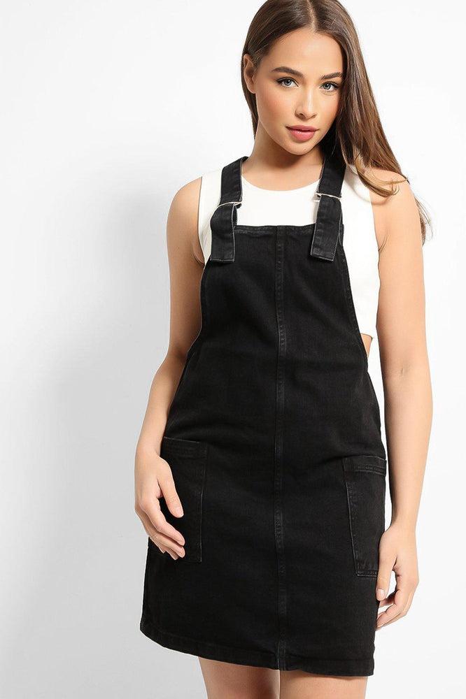 Ash Black Classic Buckles Fine Denim Pinafore Dress-SinglePrice