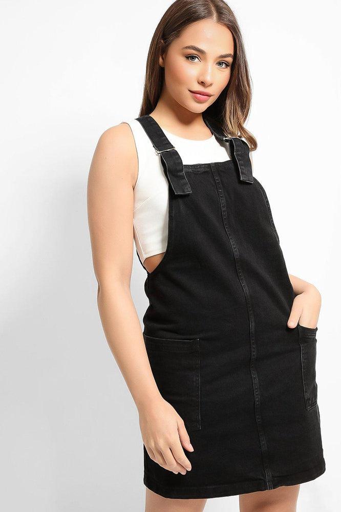 Ash Black Classic Buckles Fine Denim Pinafore Dress-SinglePrice