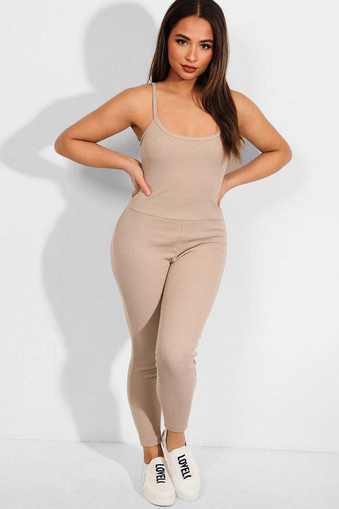 Beige Ribbed Open Back Catsuit-SinglePrice