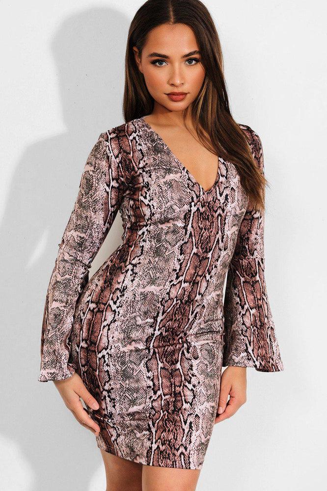 Brown Python Print Flute Sleeves Mini Bodycon Dress-SinglePrice