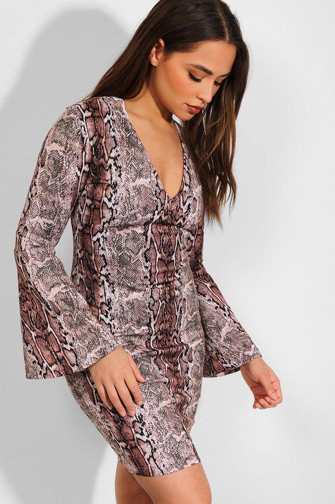 Brown Python Print Flute Sleeves Mini Bodycon Dress-SinglePrice