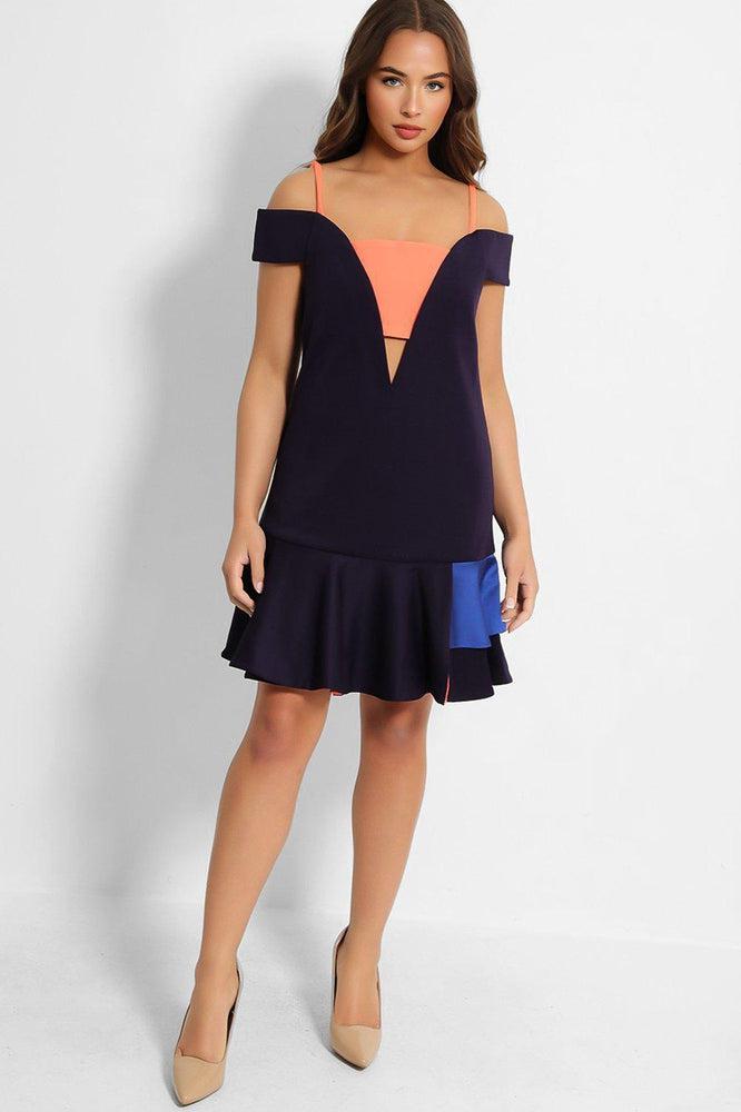 Navy Coral Frill Trims Structured Dress-SinglePrice