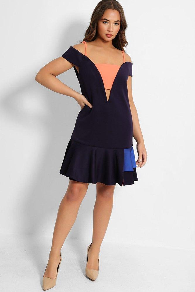 Navy Coral Frill Trims Structured Dress-SinglePrice