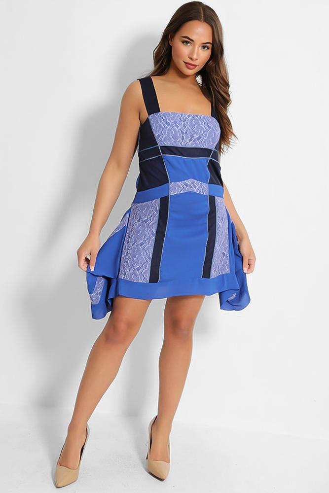 Blue Patched Colourblock Side Drape Details Mini Dress-SinglePrice