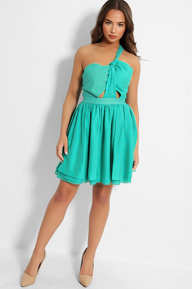 Jade Green One Shoulder Cut Out Layered Mini Dress-SinglePrice