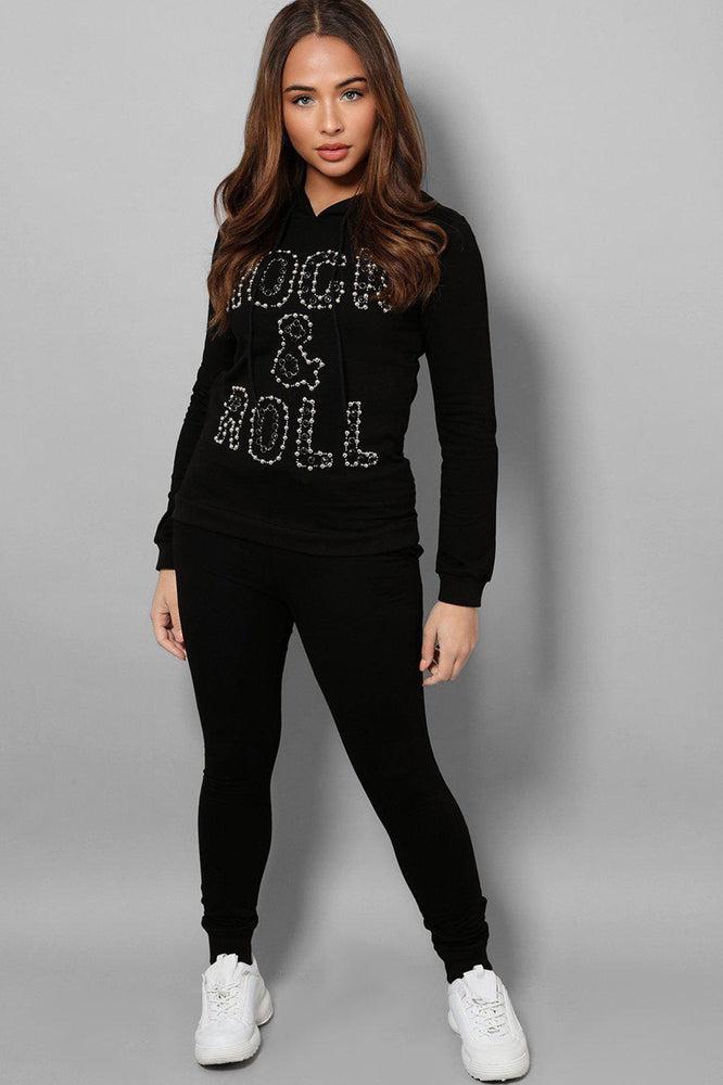 Black Beaded Slogan Front Hooded 2 Piece Tracksuit-SinglePrice