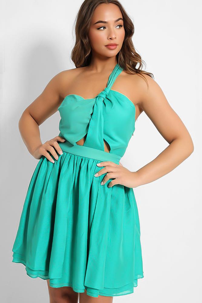 Jade Green One Shoulder Cut Out Layered Mini Dress-SinglePrice