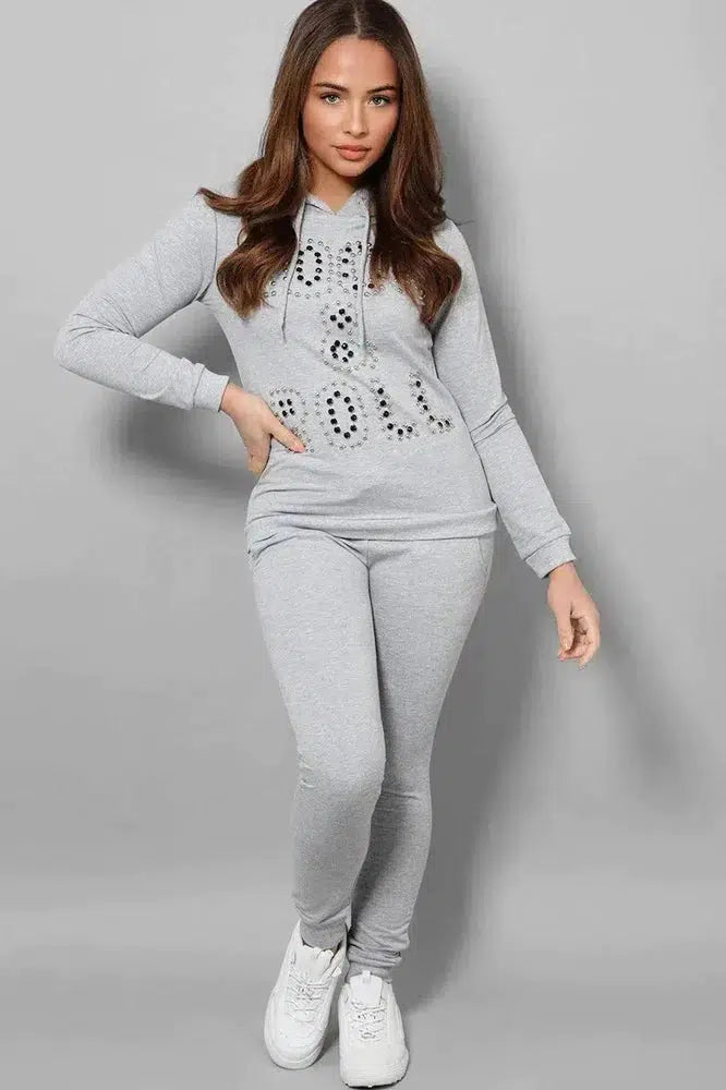 Grey Beaded Slogan Front Hooded 2 Piece Tracksuit-SinglePrice