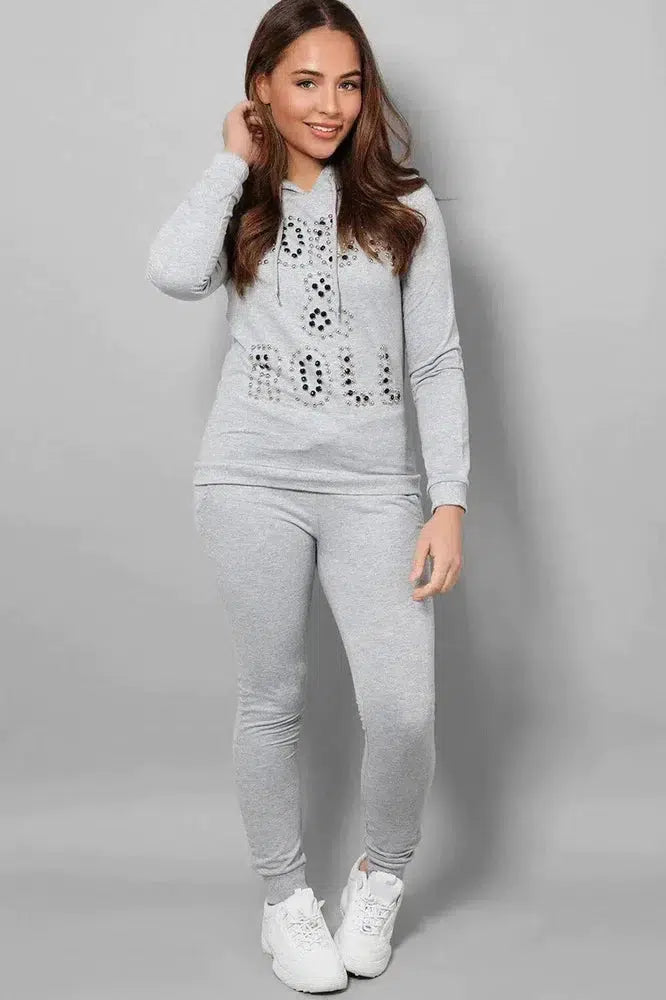 Grey Beaded Slogan Front Hooded 2 Piece Tracksuit-SinglePrice