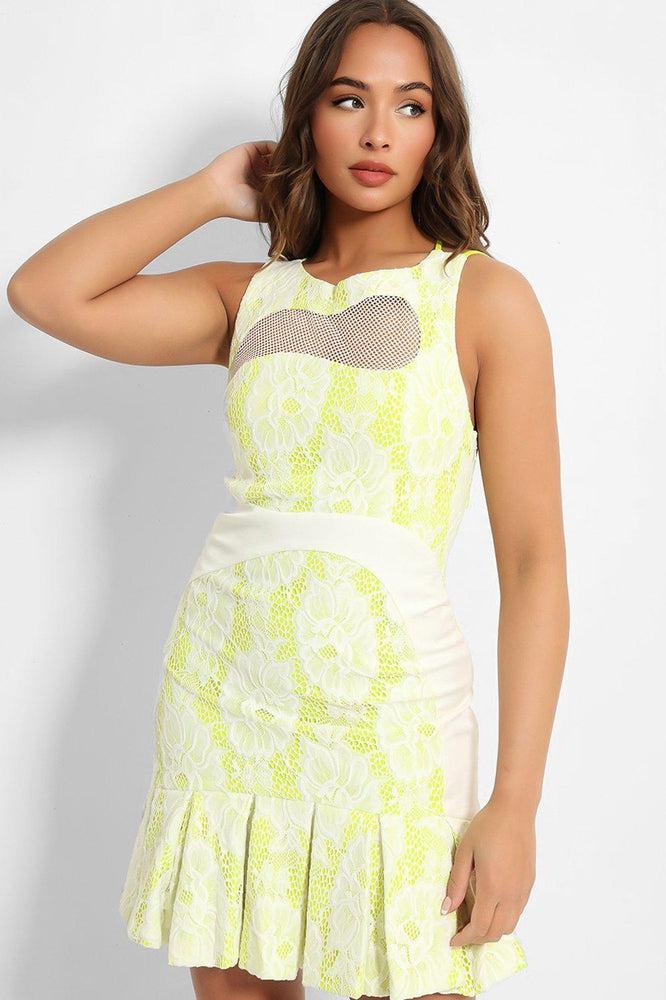 Lime White Lace Applique Pleated Mini Dress-SinglePrice