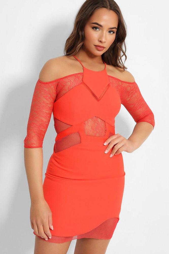 Coral Sheer Mesh Details Bodycon Dress-SinglePrice