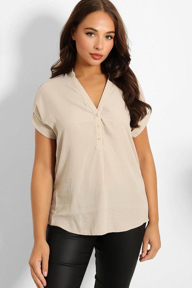 Stone Button V-Neck Blouse-SinglePrice