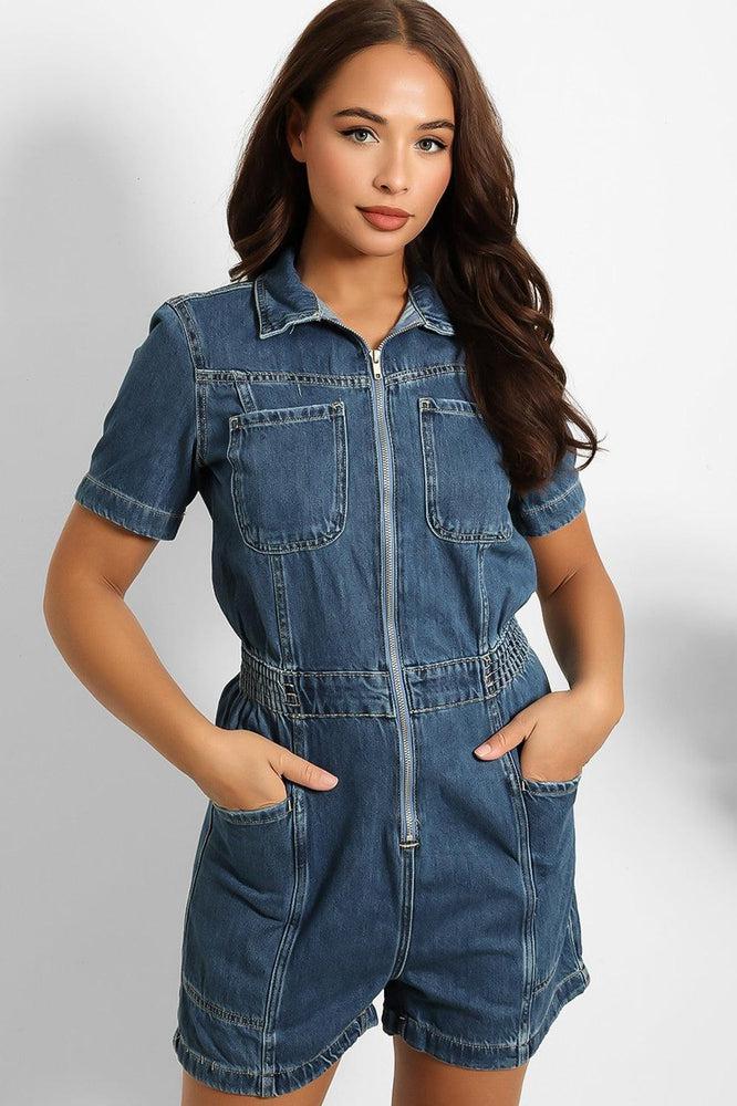 Navy Denim Elastic Waist Zip Up Playsuit-SinglePrice