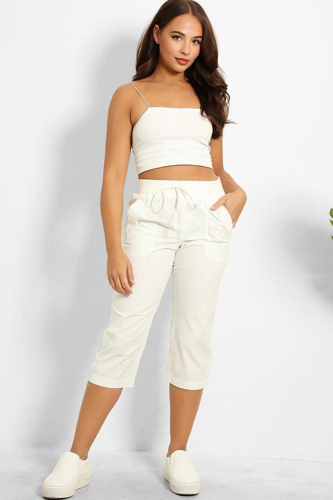 White 100% Cotton Twill Drawstring Waist Capris-SinglePrice