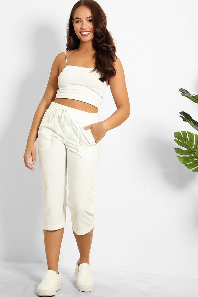 White 100% Cotton Twill Drawstring Waist Capris-SinglePrice