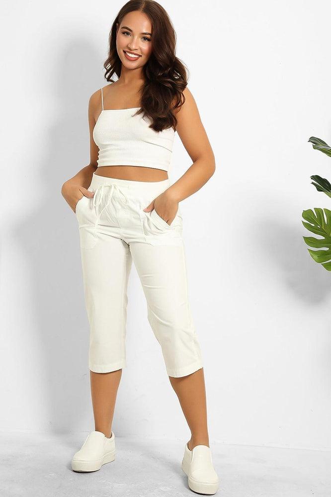 White 100% Cotton Twill Drawstring Waist Capris-SinglePrice