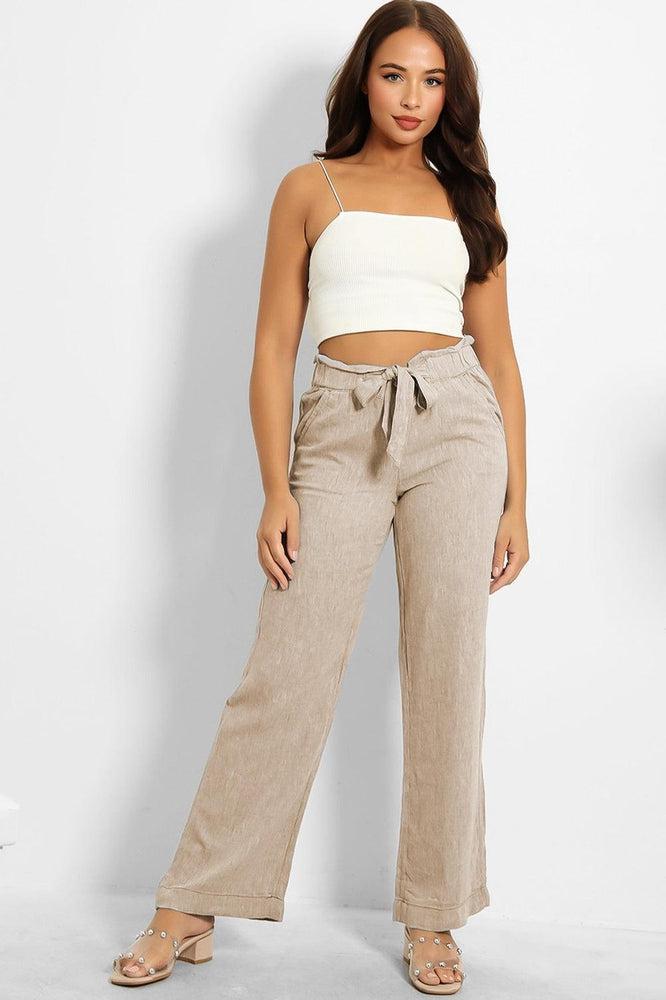 Paper Bag Waist Linen Blend Wide Leg Trousers-SinglePrice