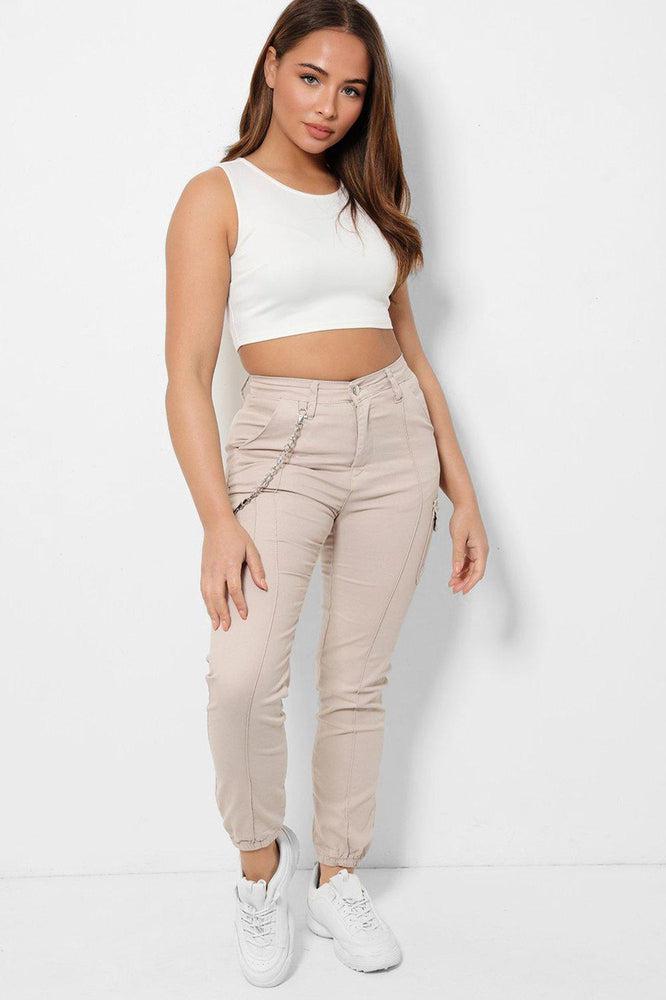 Beige Chain High-Rise Stretchy Denim Cargo Jeans-SinglePrice