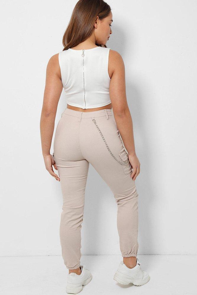 Beige Chain High-Rise Stretchy Denim Cargo Jeans-SinglePrice