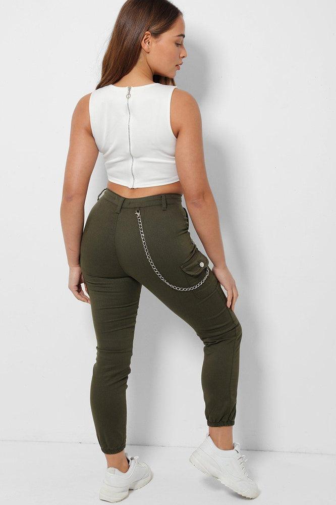 Khaki Chain High-Rise Stretchy Denim Cargo Jeans-SinglePrice