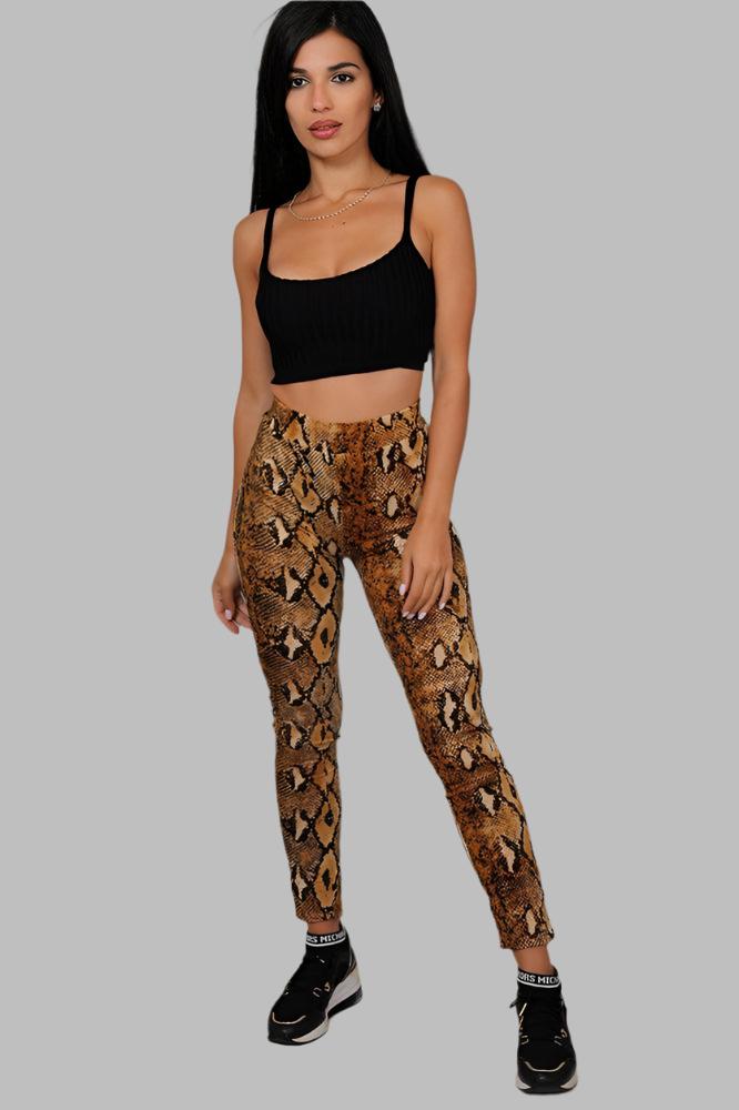 Brown Python Print High Waist Leggings-SinglePrice