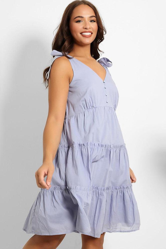 Blue Shoulder Ties Tiered Cotton Sun Dress-SinglePrice
