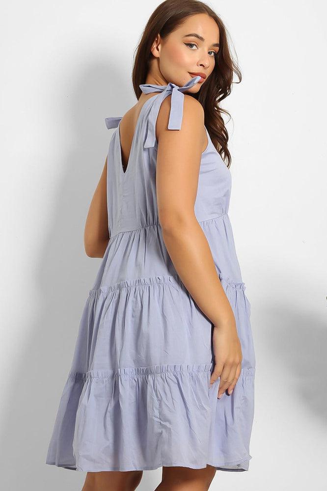 Blue Shoulder Ties Tiered Cotton Sun Dress-SinglePrice