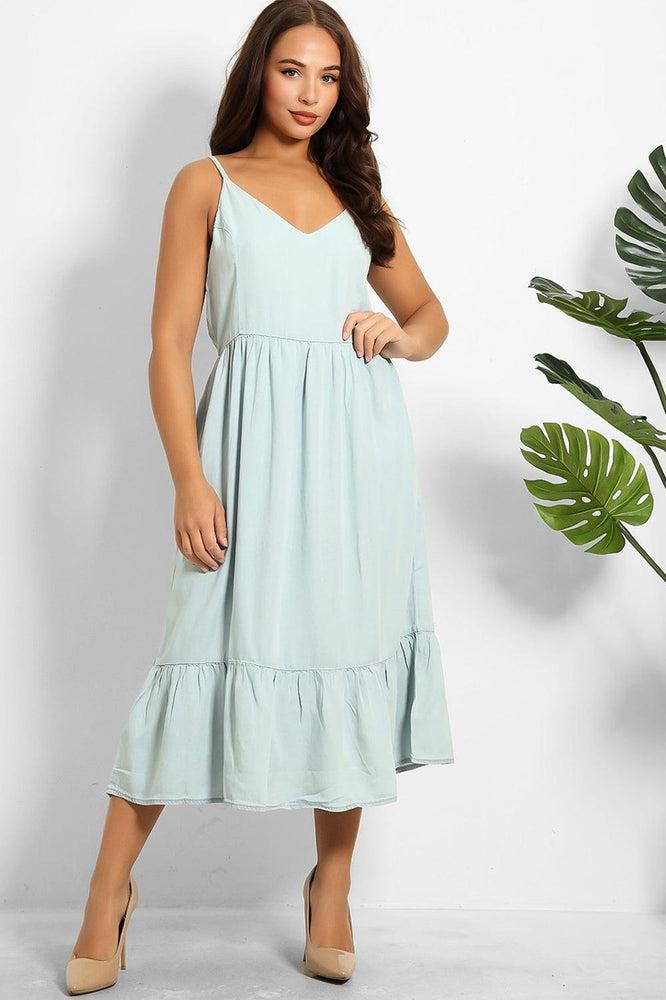Sky Blue Summer Denim Tiered Midi Cami Dress-SinglePrice