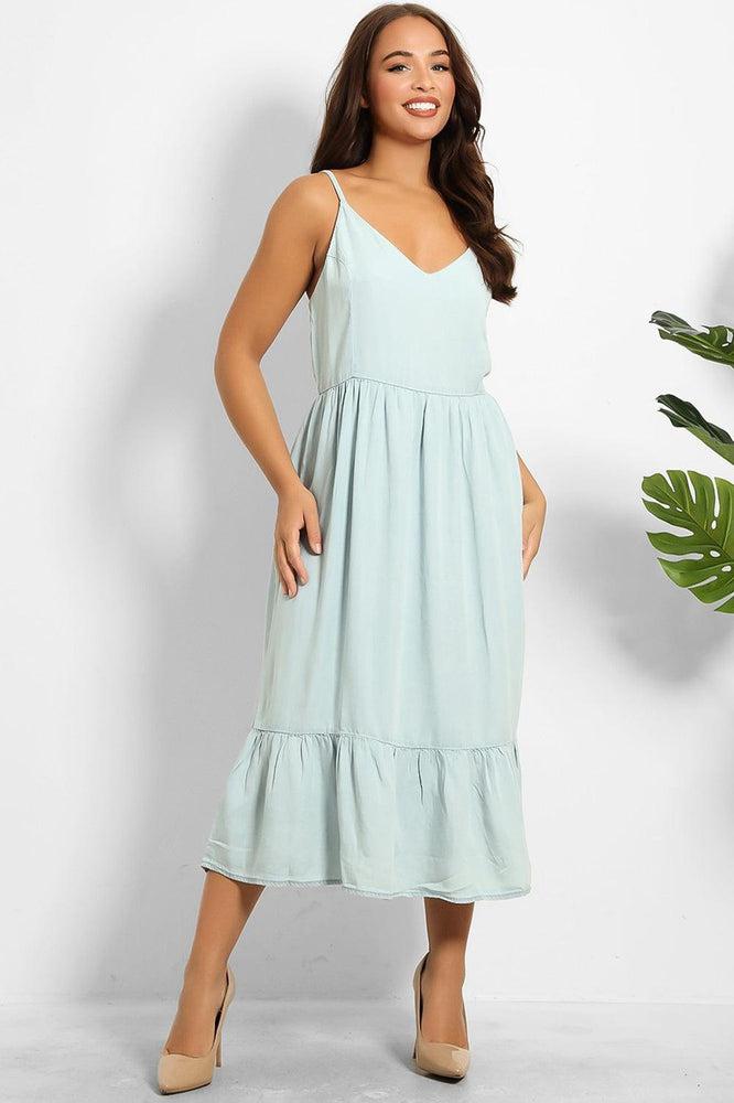 Sky Blue Summer Denim Tiered Midi Cami Dress-SinglePrice