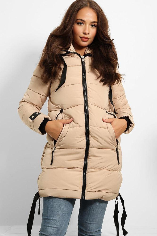 Contrast Black Details Hooded Midi Puffer Jacket-SinglePrice