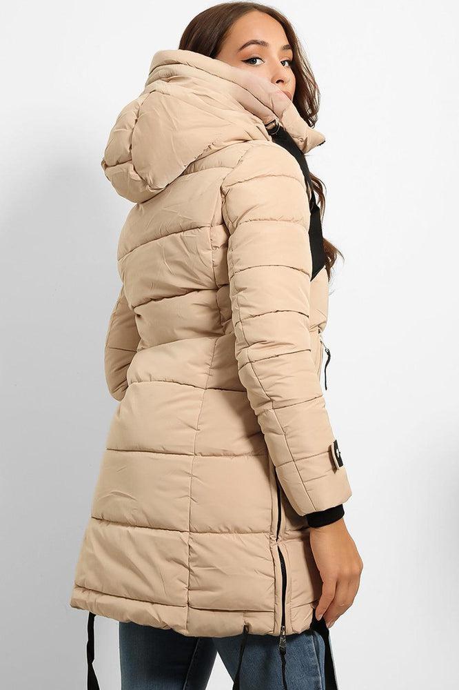 Contrast Black Details Hooded Midi Puffer Jacket-SinglePrice