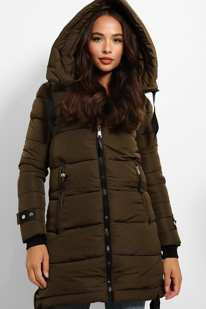 Contrast Black Details Hooded Midi Puffer Jacket-SinglePrice