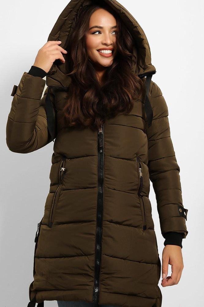 Contrast Black Details Hooded Midi Puffer Jacket-SinglePrice